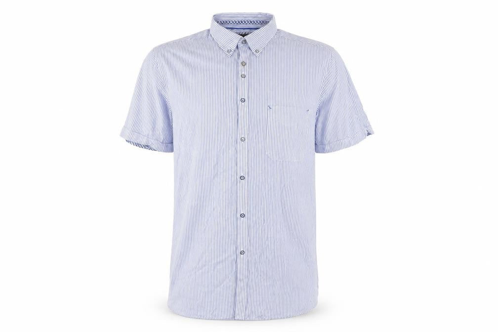 André Jeanswear Men's Blue Striped Cotton Short Sleeve Button-Up Shirt L