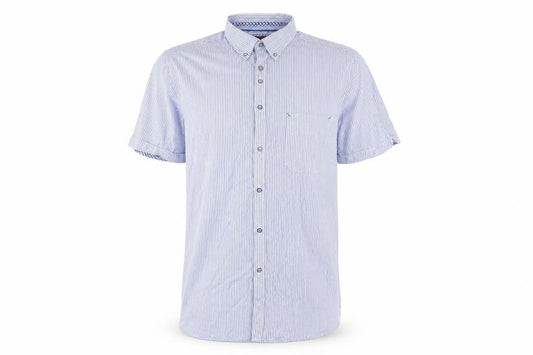 André Jeanswear Men's Blue Striped Cotton Short Sleeve Button-Up Shirt L