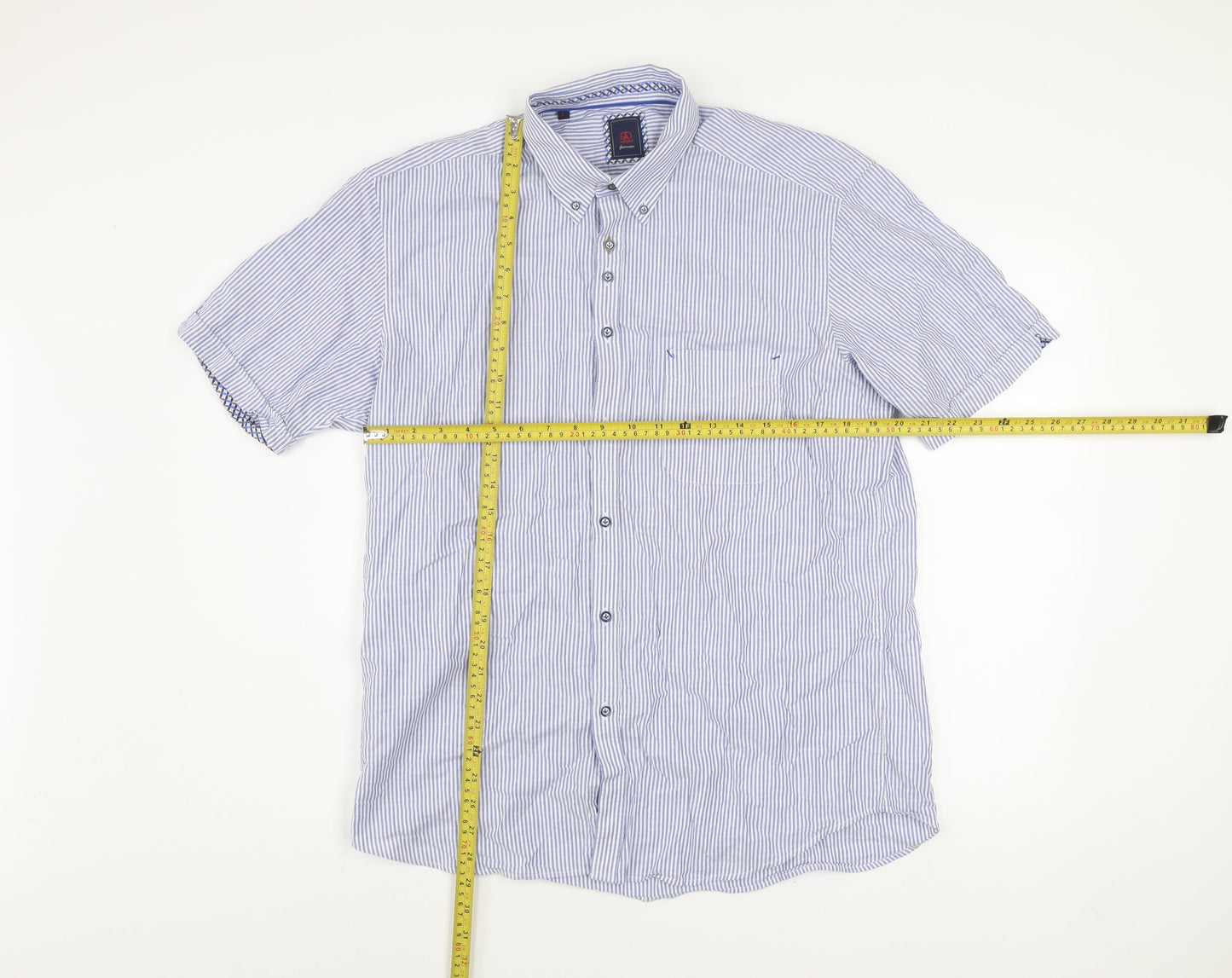 André Jeanswear Men's Blue Striped Cotton Short Sleeve Button-Up Shirt L
