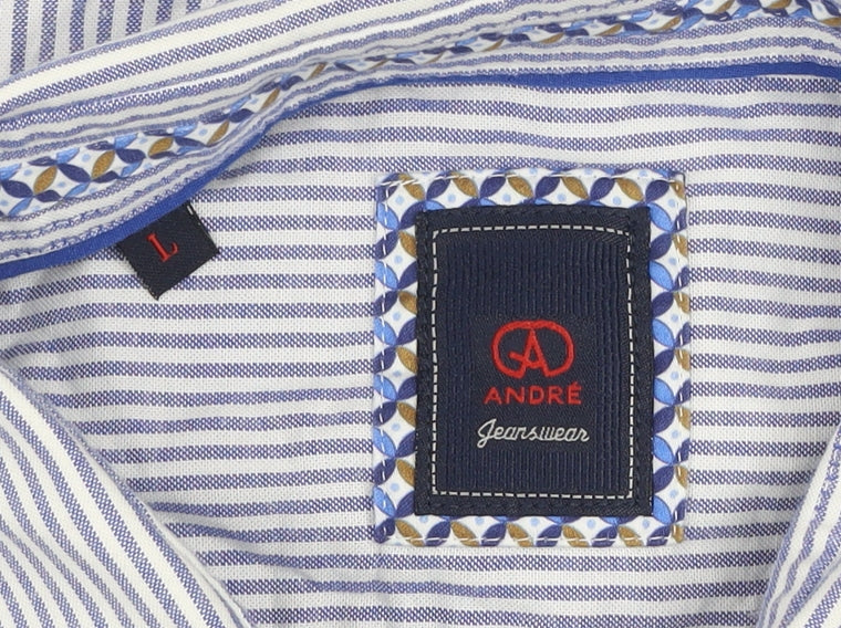 André Jeanswear Men's Blue Striped Cotton Short Sleeve Button-Up Shirt L