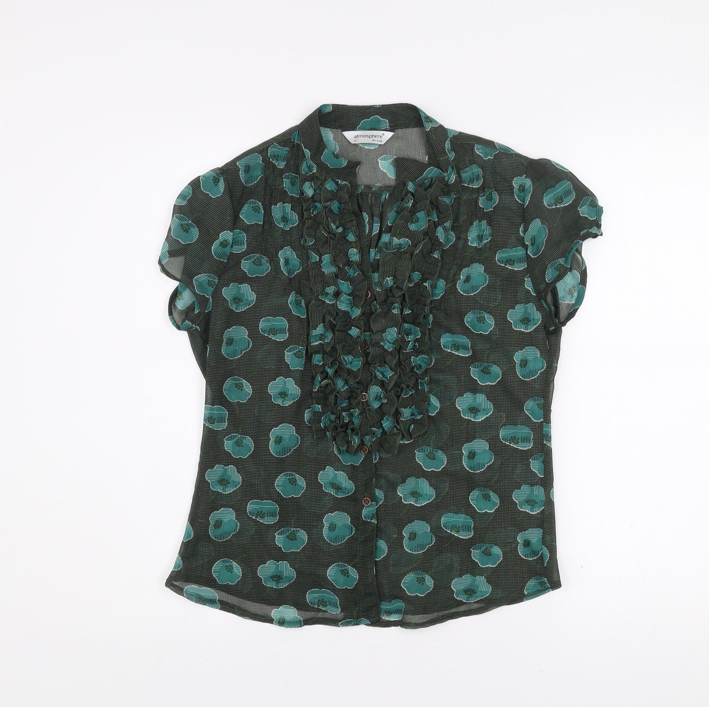 Atmosphere Women Green Floral Ruffle Chiffon Blouse Size 12