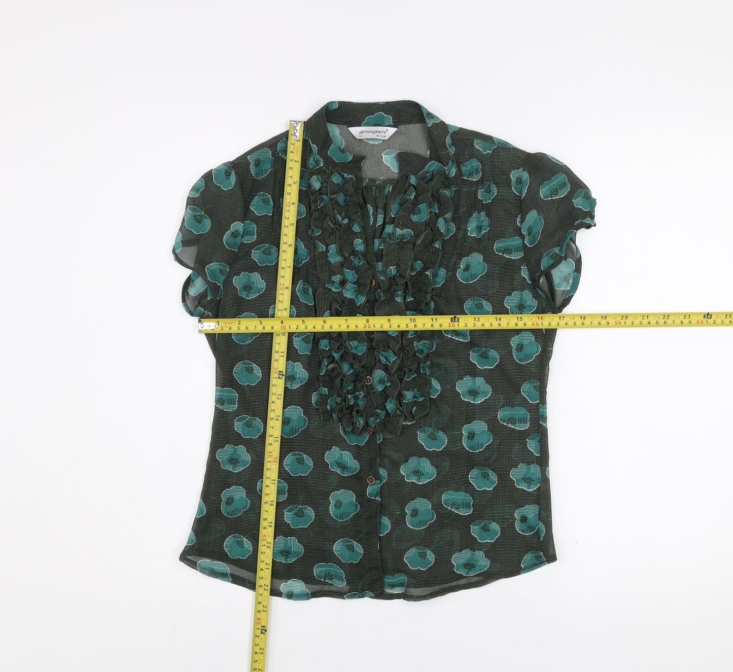 Atmosphere Women Green Floral Ruffle Chiffon Blouse Size 12