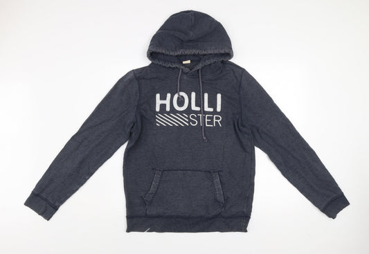 Hollister Men Blue Pullover Hoodie M Logo Graphic Cotton Blend