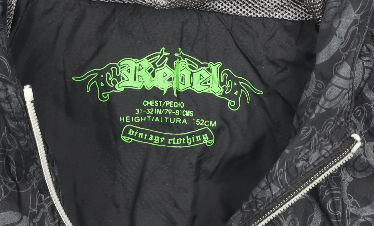 Rebel Boys Black Skull Print Hooded Windbreaker Jacket 12 Years