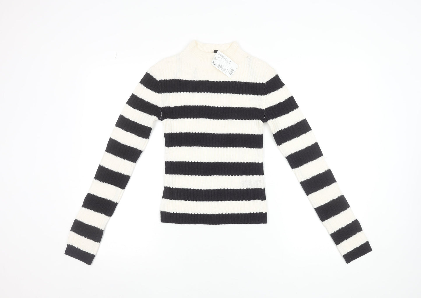 H&M Women's Black & White Striped Mock Neck Ribbed Jumper Size 12