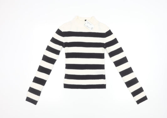 H&M Women's Black & White Striped Mock Neck Ribbed Jumper Size 12