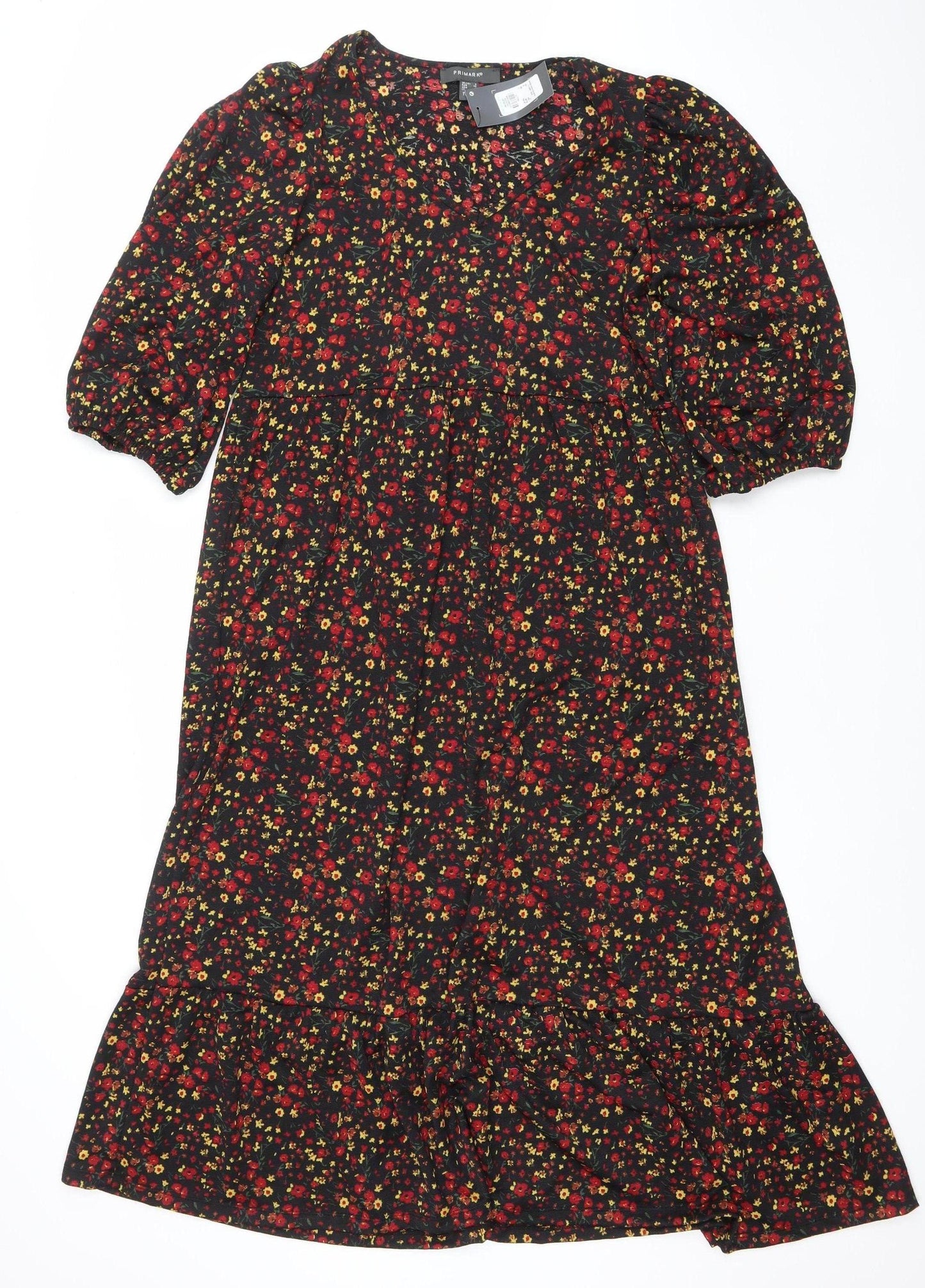 Primark Women's Black Floral A-Line Puff Sleeve Dress Size 8