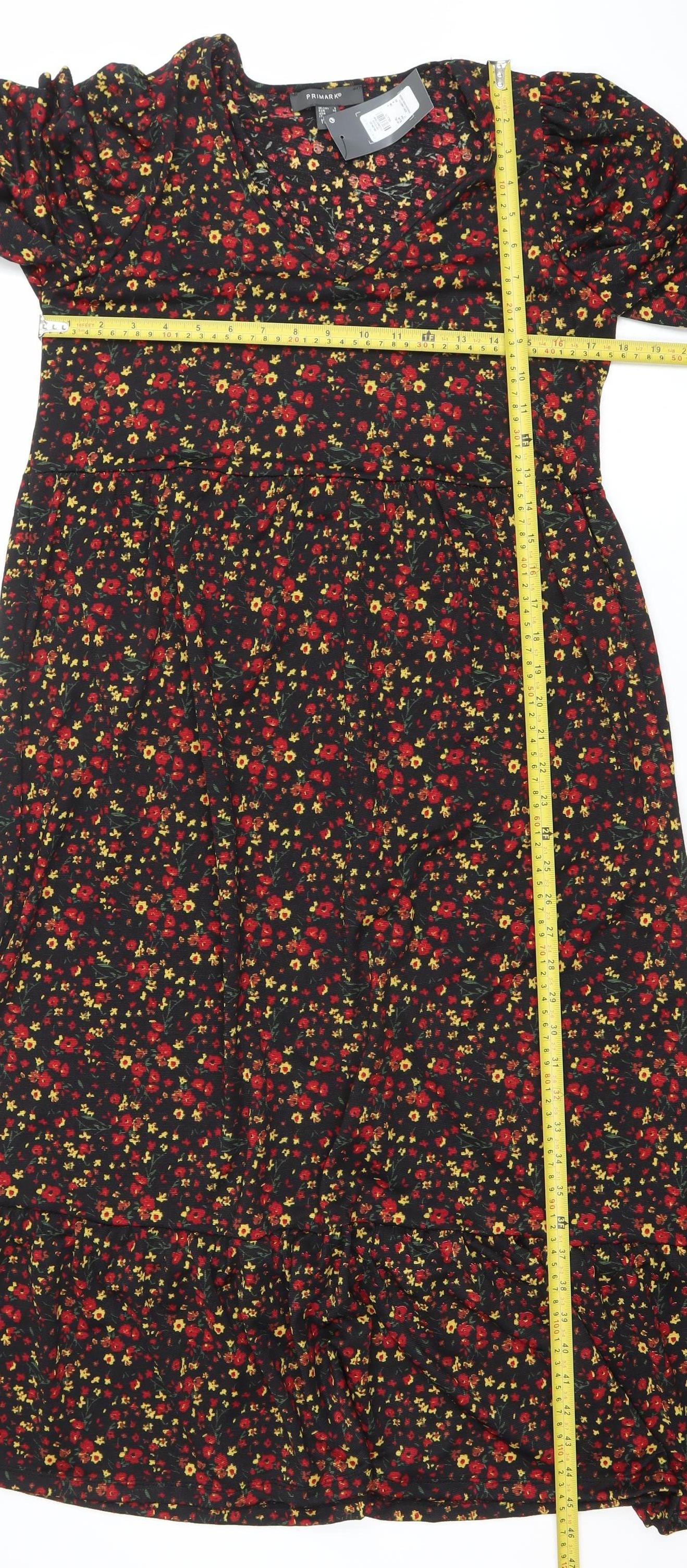 Primark Women's Black Floral A-Line Puff Sleeve Dress Size 8