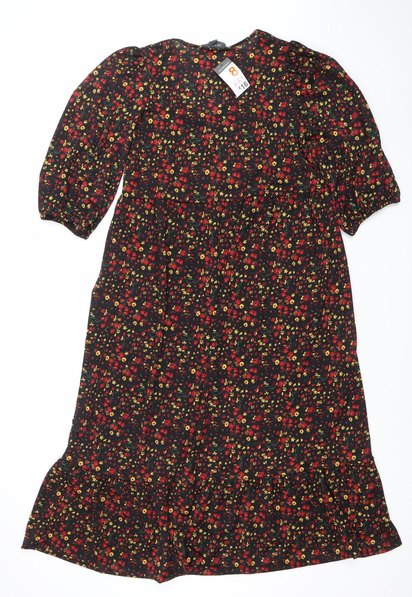 Primark Women's Black Floral A-Line Puff Sleeve Dress Size 8