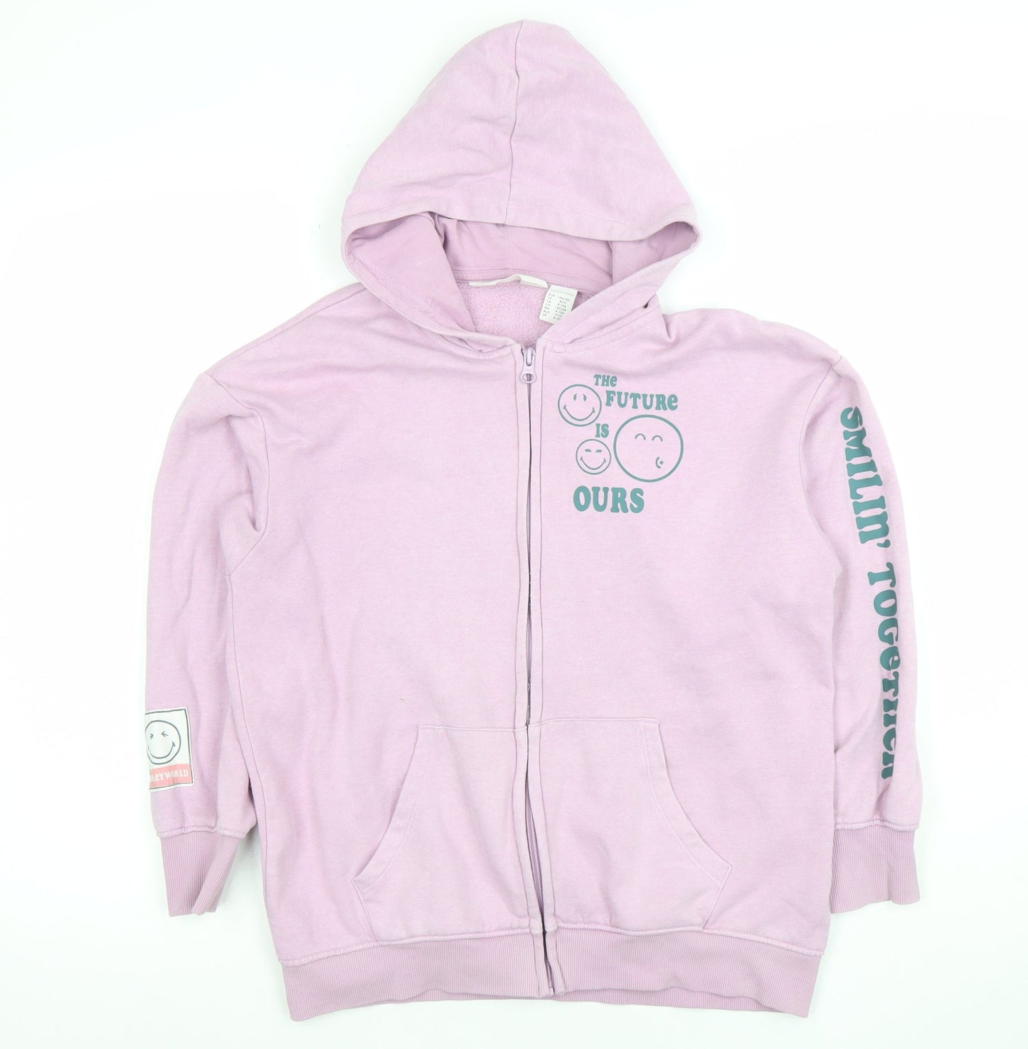 H&M SmileyWorld Girls Pink Full Zip Hoodie 8-10 Years Graphic Print Cotton Blend