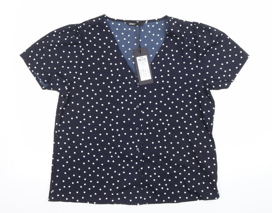 ONLY Womens Blue Polka Dot Short Sleeve V-Neck Button Blouse - Size L