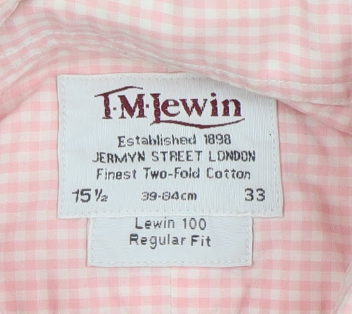 T.M. Lewin Men's Pink Check Cotton Long Sleeve Button-Up Shirt 15.5in Regular Fit