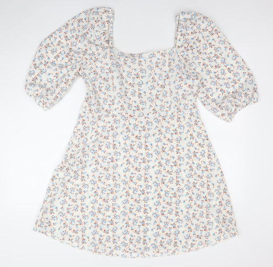 Primark Womens Floral Puff Sleeve A-Line Dress White Blue Size 12