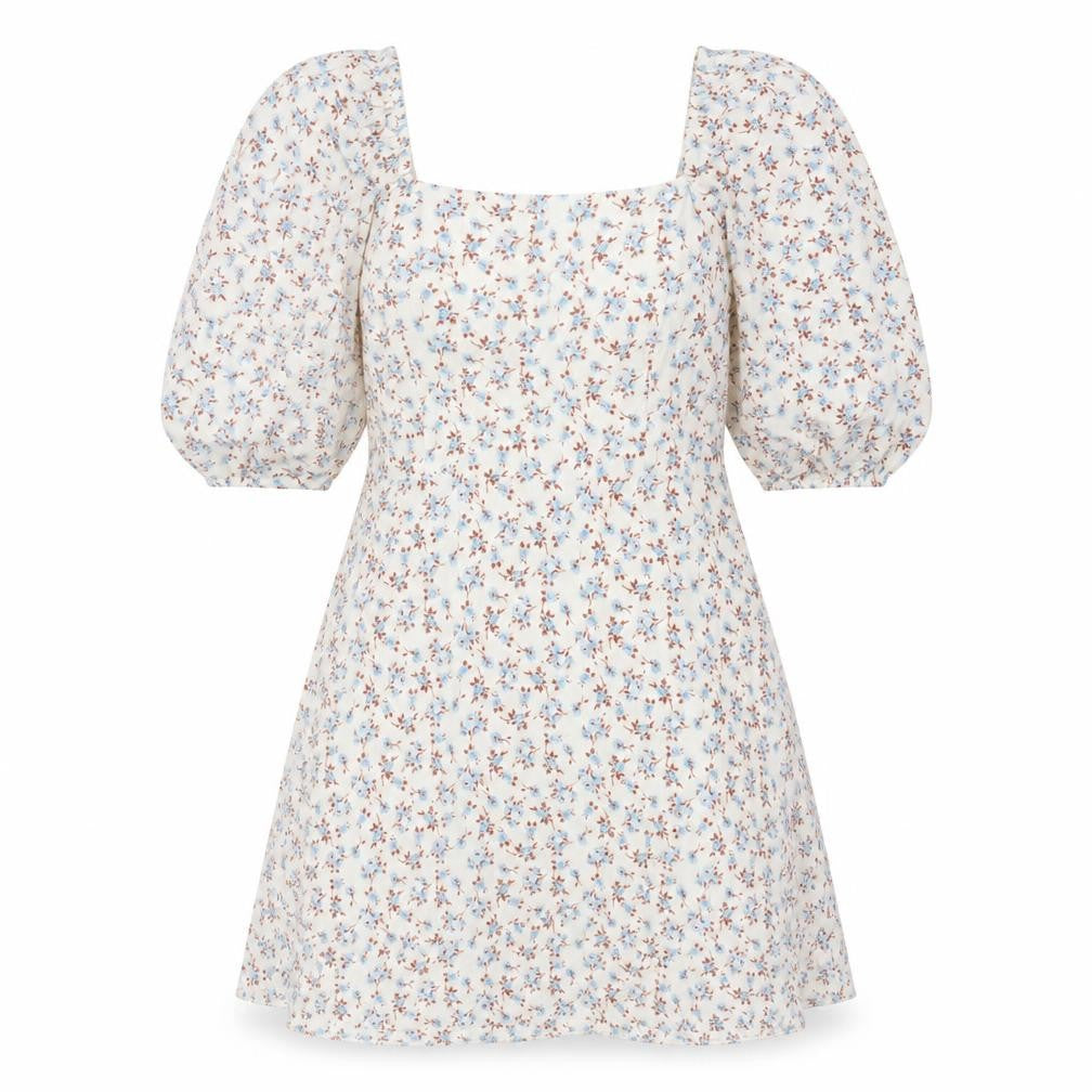 Primark Womens Floral Puff Sleeve A-Line Dress White Blue Size 12