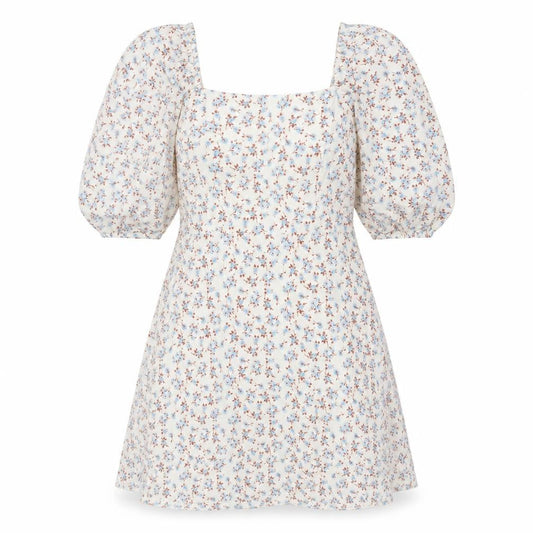 Primark Womens Floral Puff Sleeve A-Line Dress White Blue Size 12