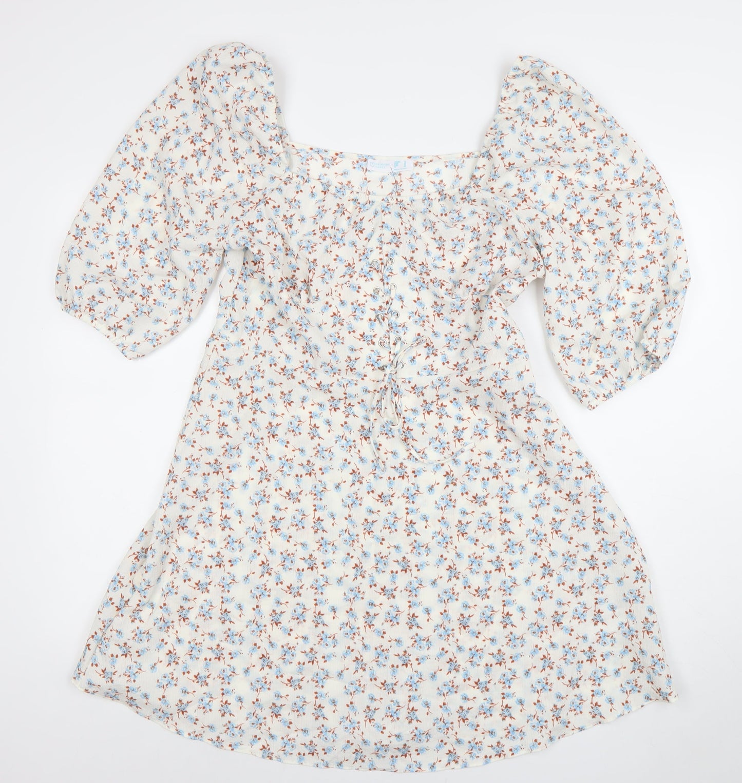 Primark Womens Floral Puff Sleeve A-Line Dress White Blue Size 12
