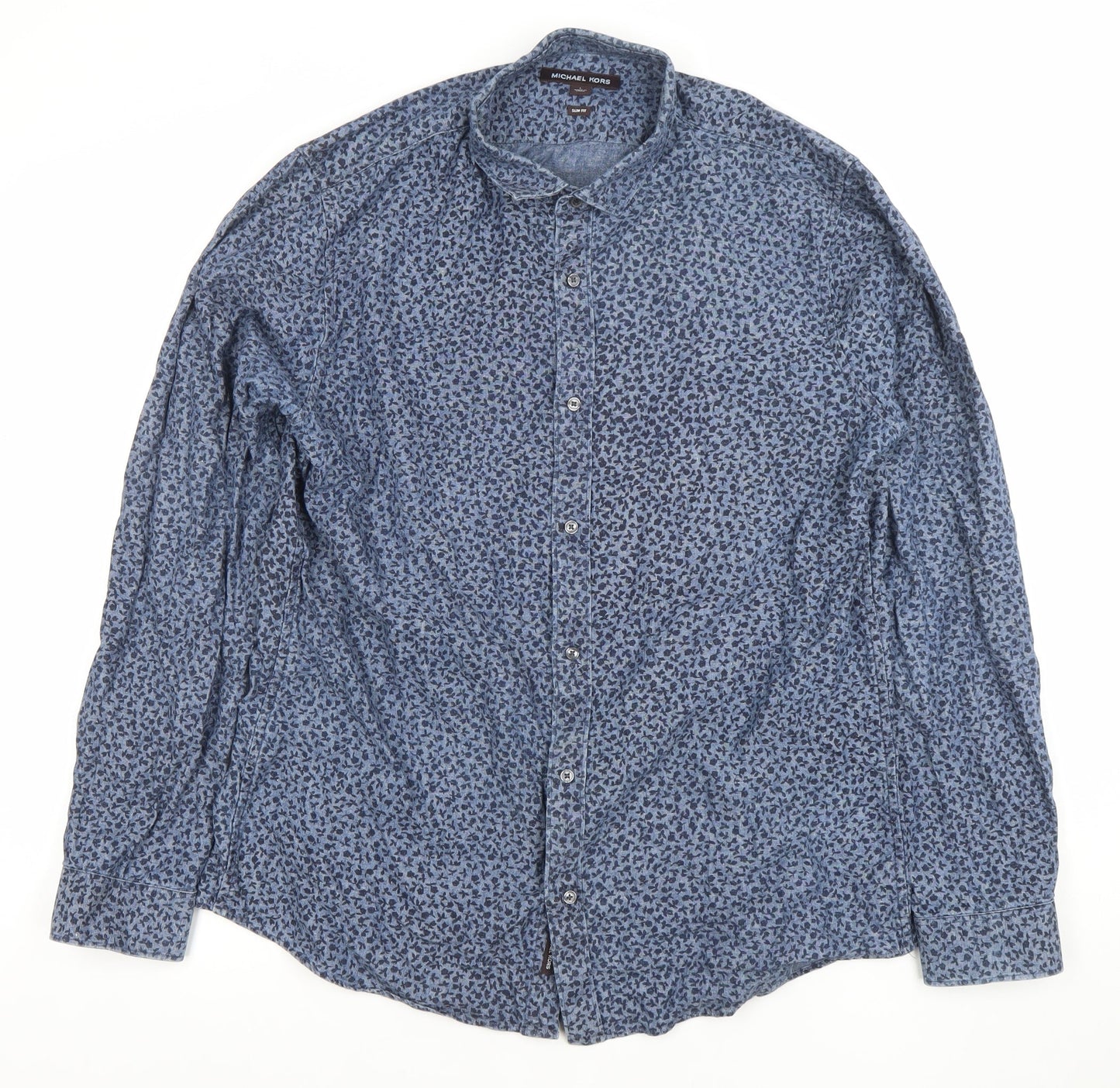 Michael Kors Men's Blue Floral Slim Fit Long Sleeve Cotton Shirt L