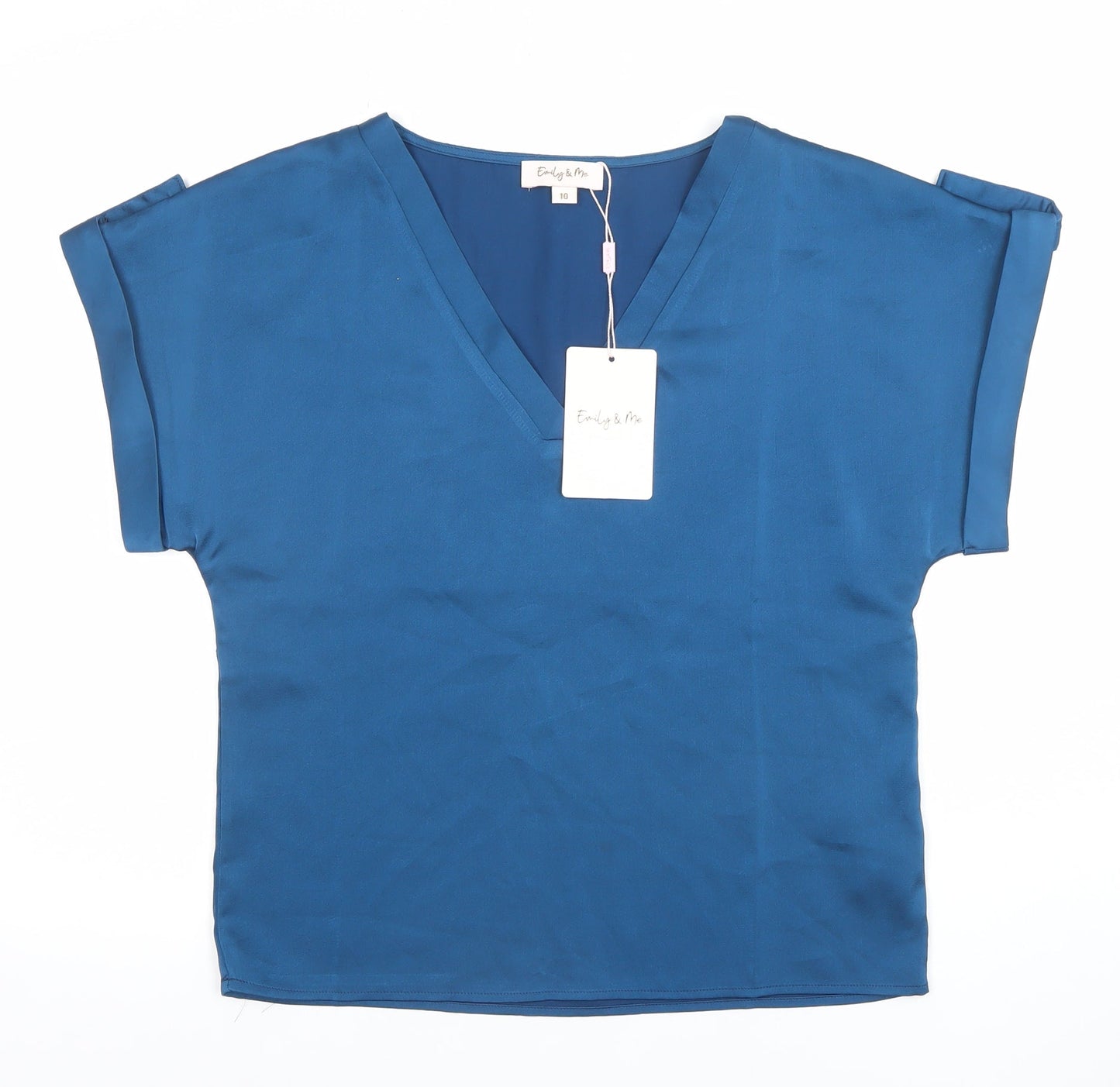 Emily & Me Women Blue V-Neck Short Sleeve Blouse Size 10
