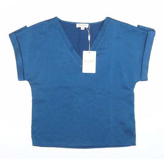 Emily & Me Women Blue V-Neck Short Sleeve Blouse Size 10