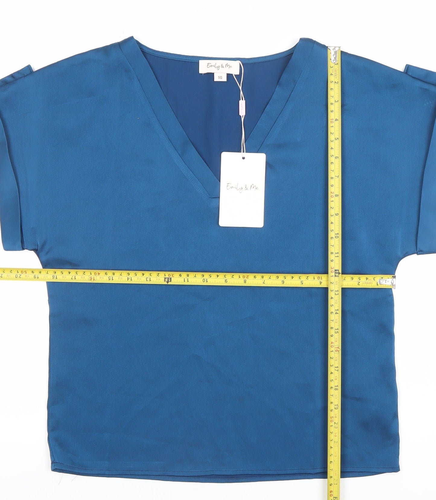 Emily & Me Women Blue V-Neck Short Sleeve Blouse Size 10