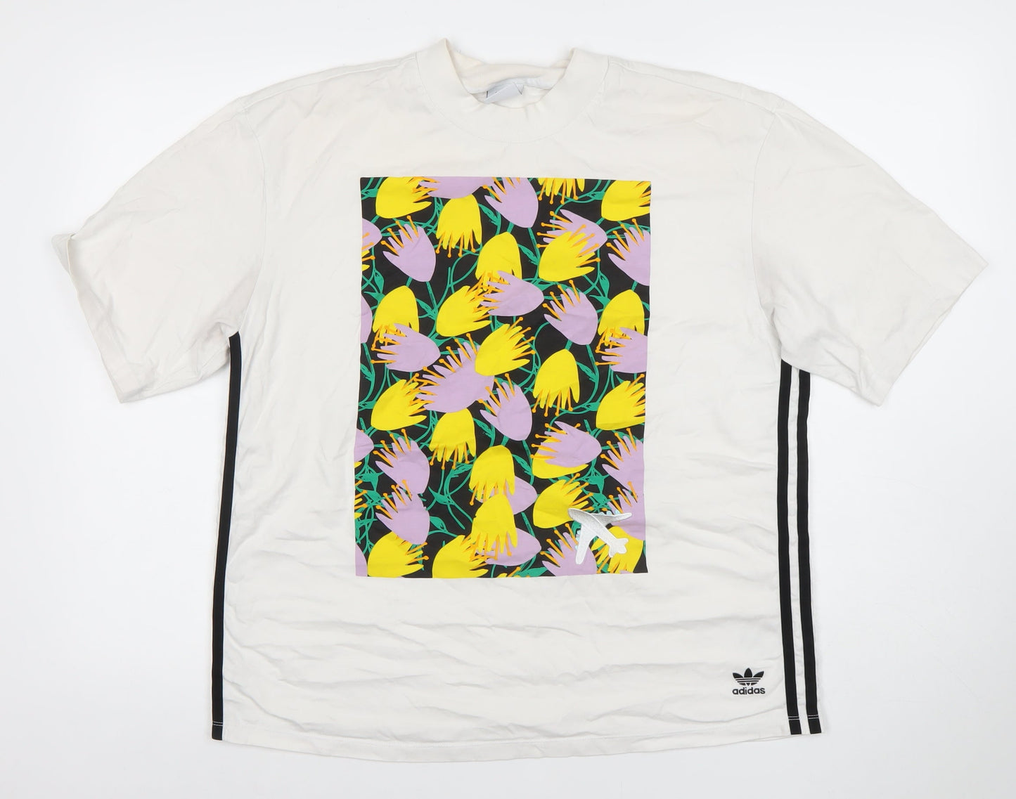 adidas Womens White Floral Print Short Sleeve Cotton T-Shirt Size S