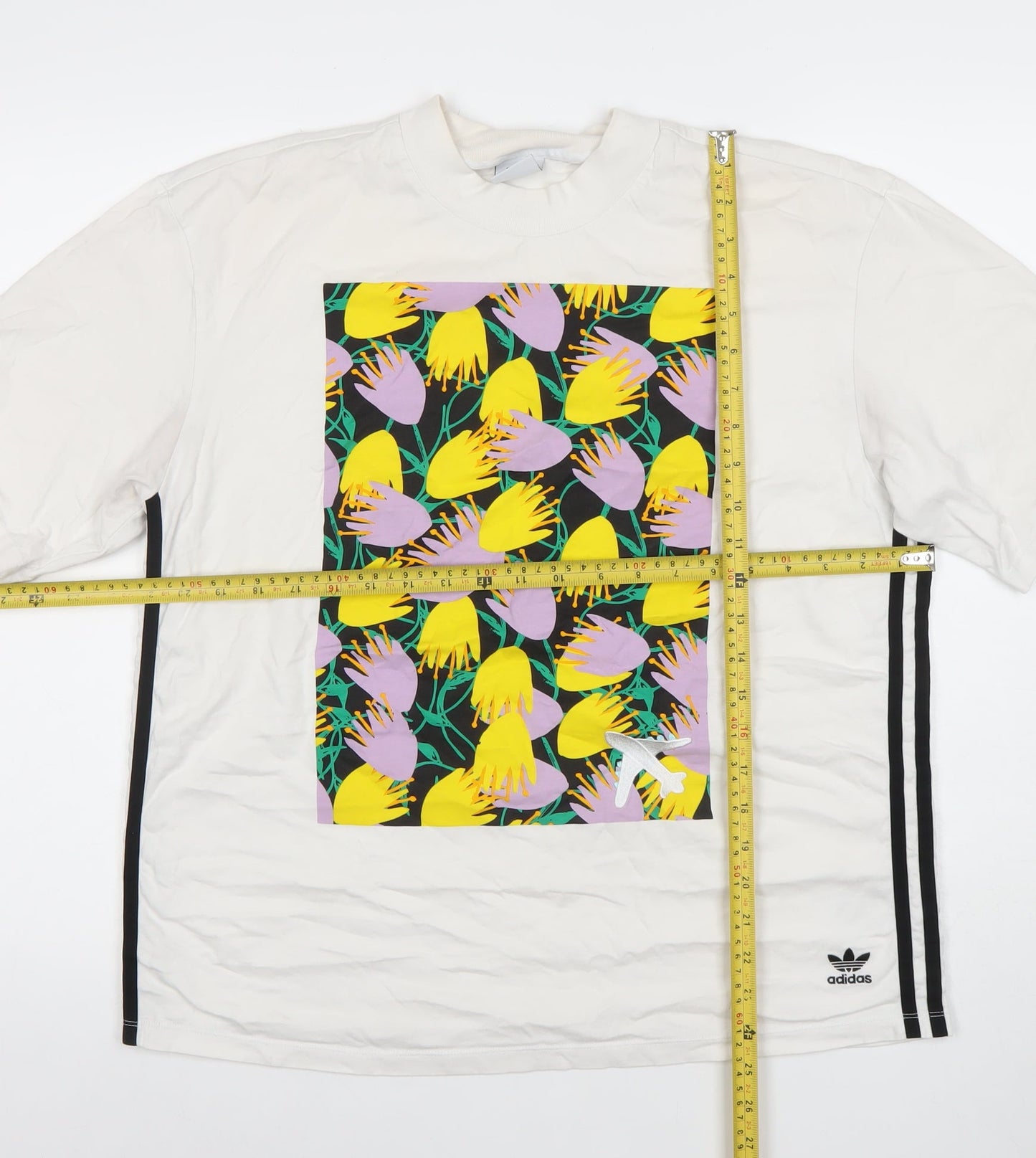 adidas Womens White Floral Print Short Sleeve Cotton T-Shirt Size S