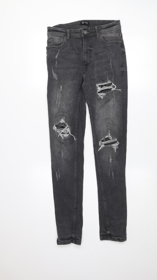 boohooMAN Men’s Grey Distressed Skinny Jeans 30R Slim Fit Denim