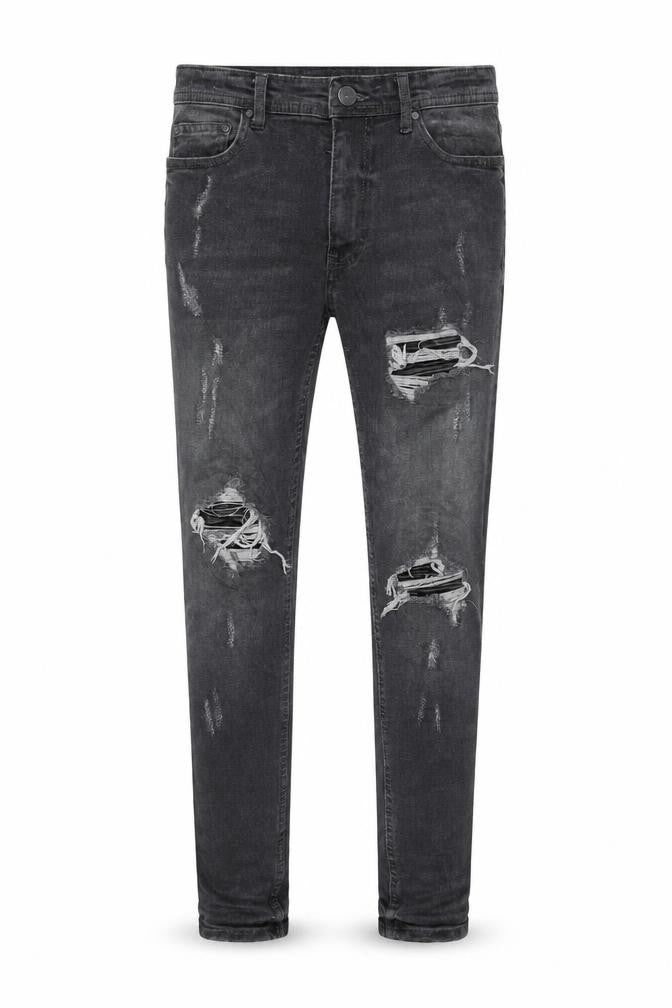 boohooMAN Men’s Grey Distressed Skinny Jeans 30R Slim Fit Denim