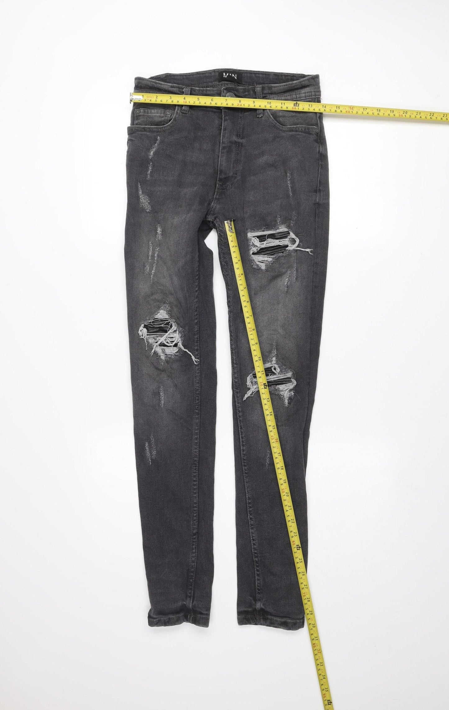 boohooMAN Men’s Grey Distressed Skinny Jeans 30R Slim Fit Denim