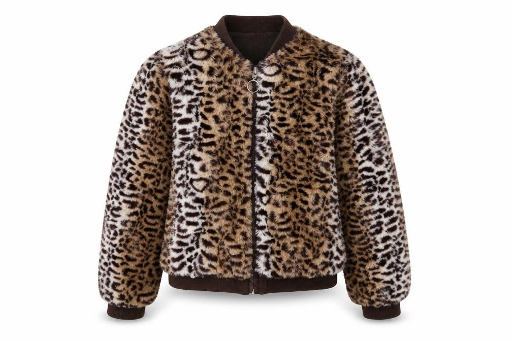 All That Sparkles Girls Brown Leopard Faux Fur Bomber Jacket 7 Years