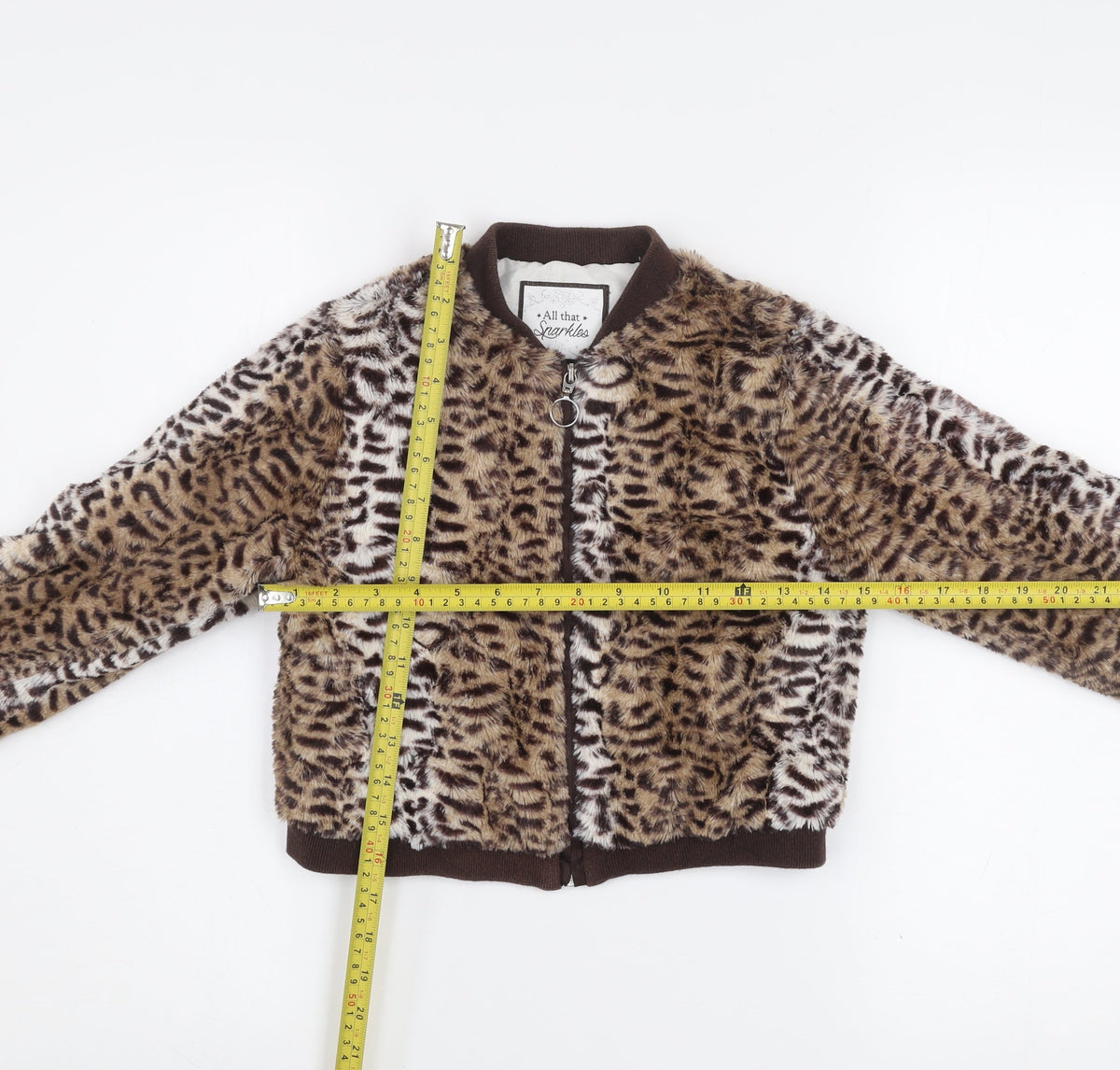 All That Sparkles Girls Brown Leopard Faux Fur Bomber Jacket 7 Years
