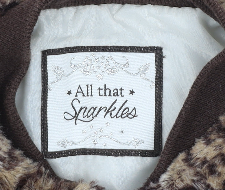All That Sparkles Girls Brown Leopard Faux Fur Bomber Jacket 7 Years