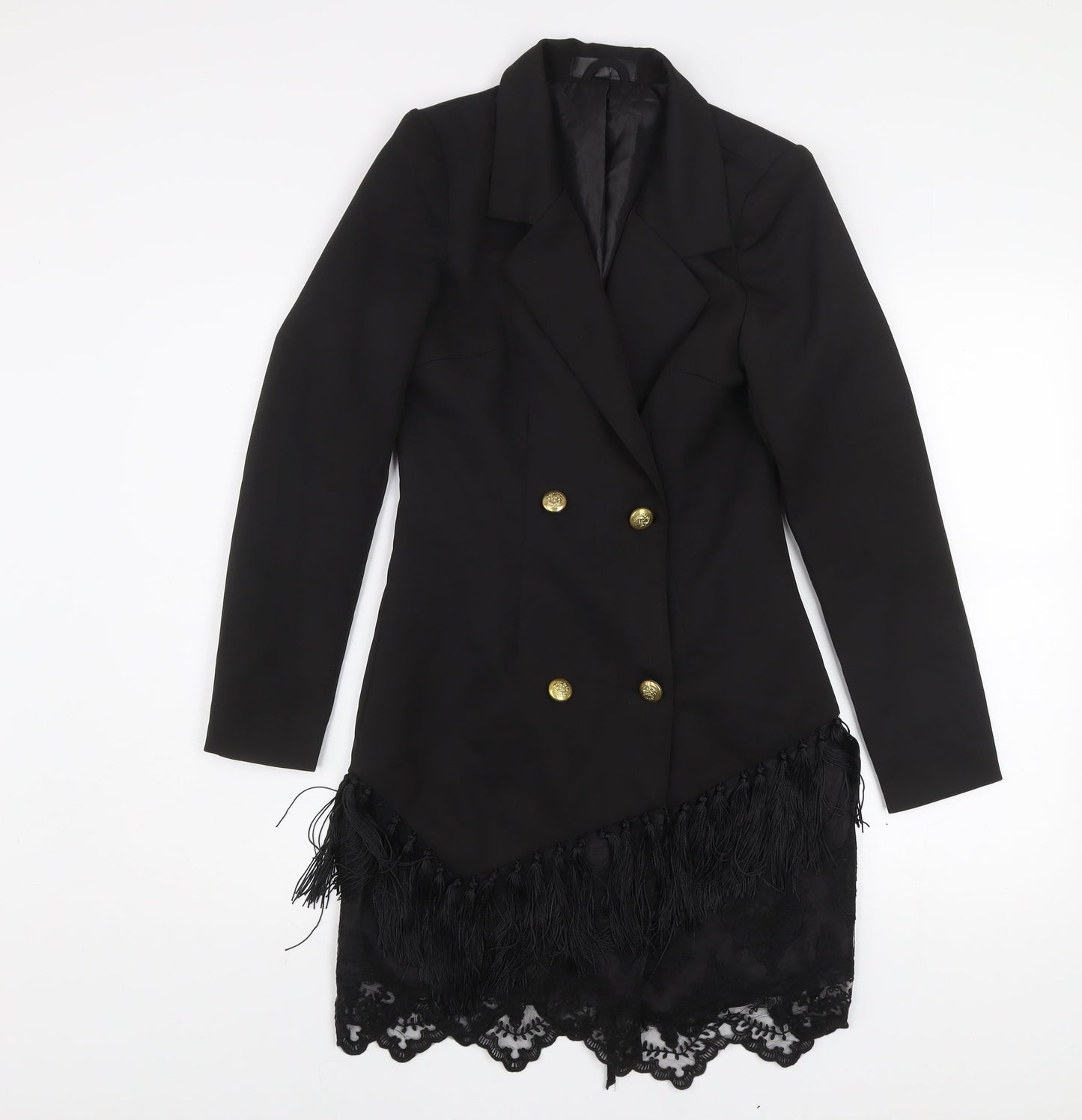 Women's Black Lace Fringe Blazer Coat UK 8 Long Formal Jacket