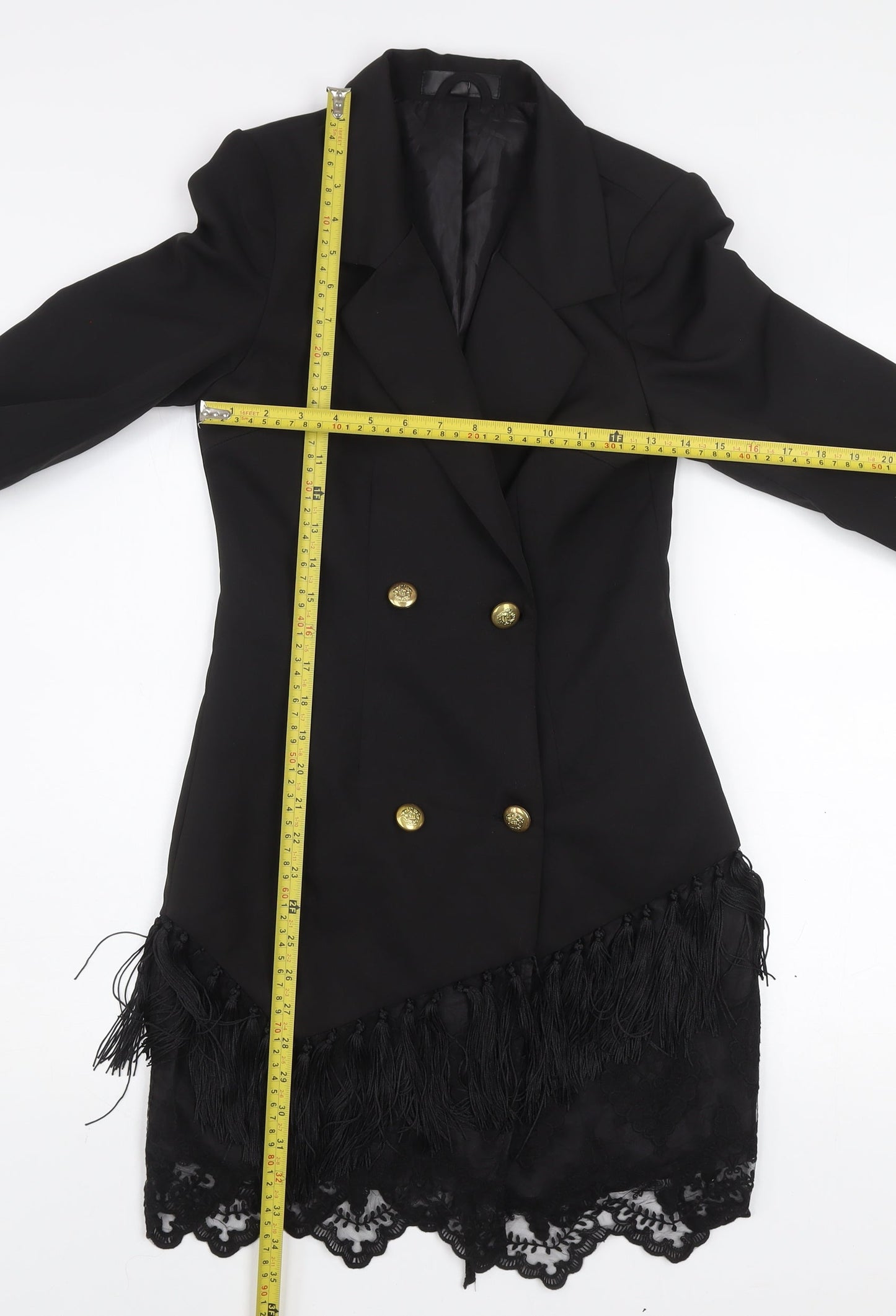 Women's Black Lace Fringe Blazer Coat UK 8 Long Formal Jacket