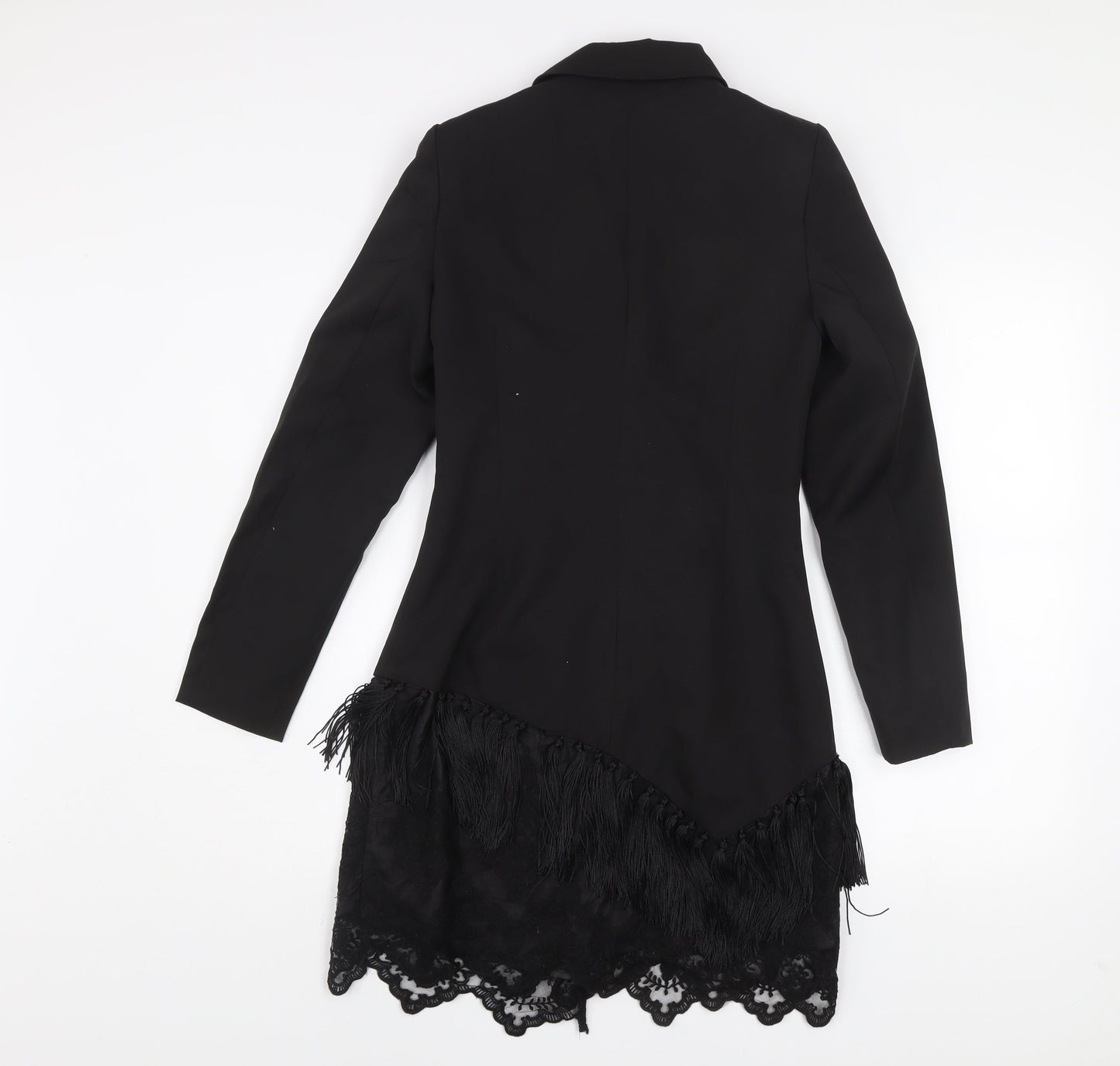 Women's Black Lace Fringe Blazer Coat UK 8 Long Formal Jacket