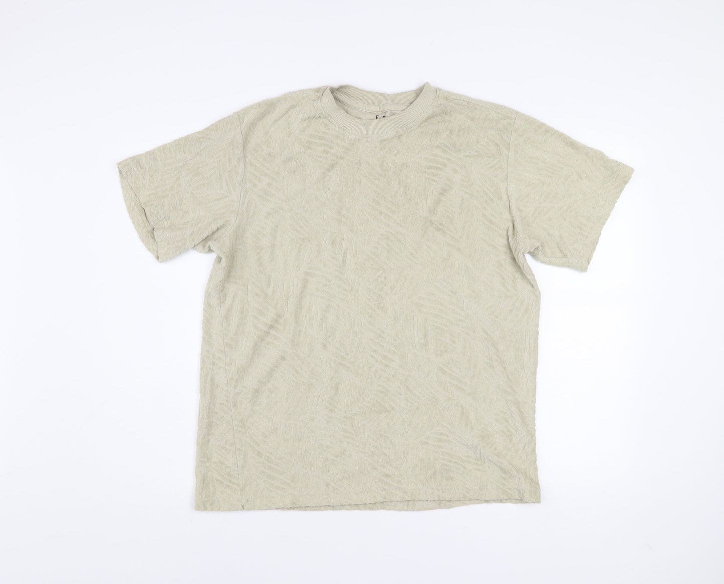 E.T.A Men’s Beige Textured Cotton T-Shirt Medium Crew Neck