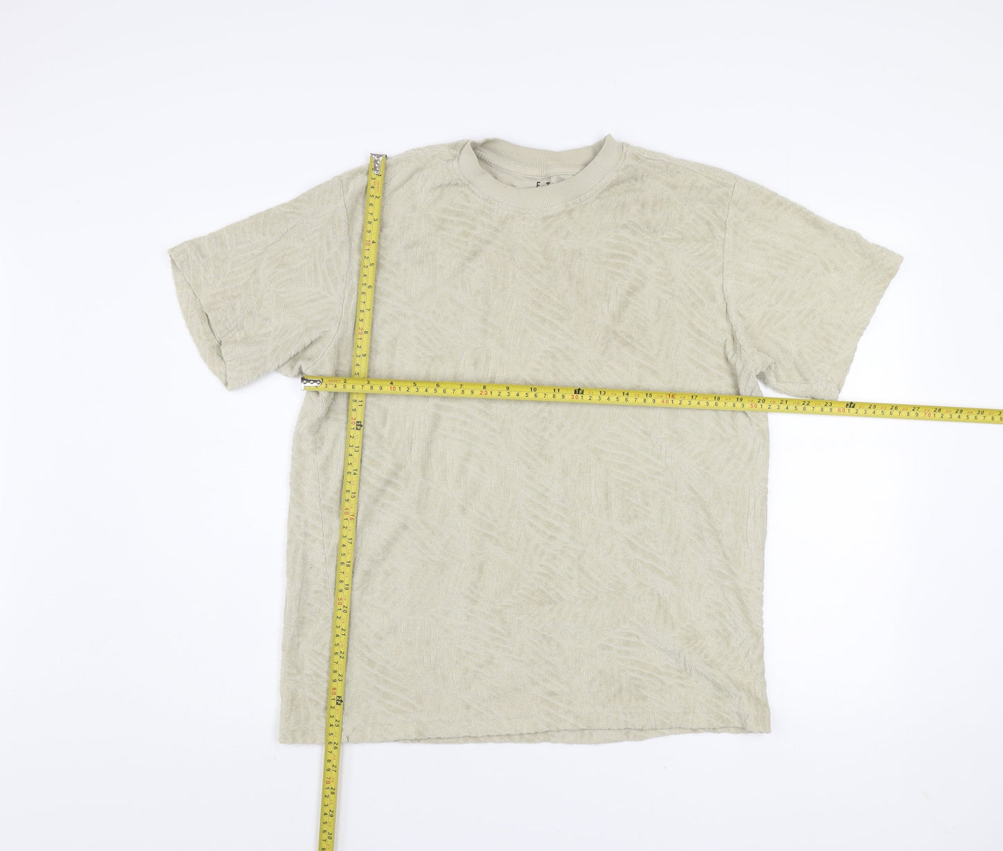 E.T.A Men’s Beige Textured Cotton T-Shirt Medium Crew Neck