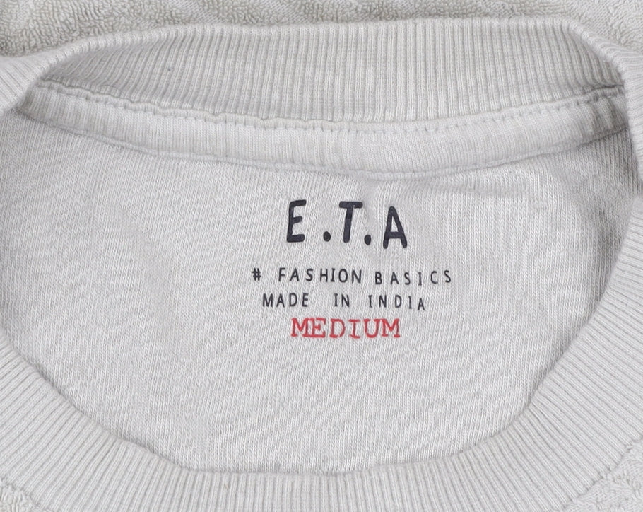 E.T.A Men’s Beige Textured Cotton T-Shirt Medium Crew Neck