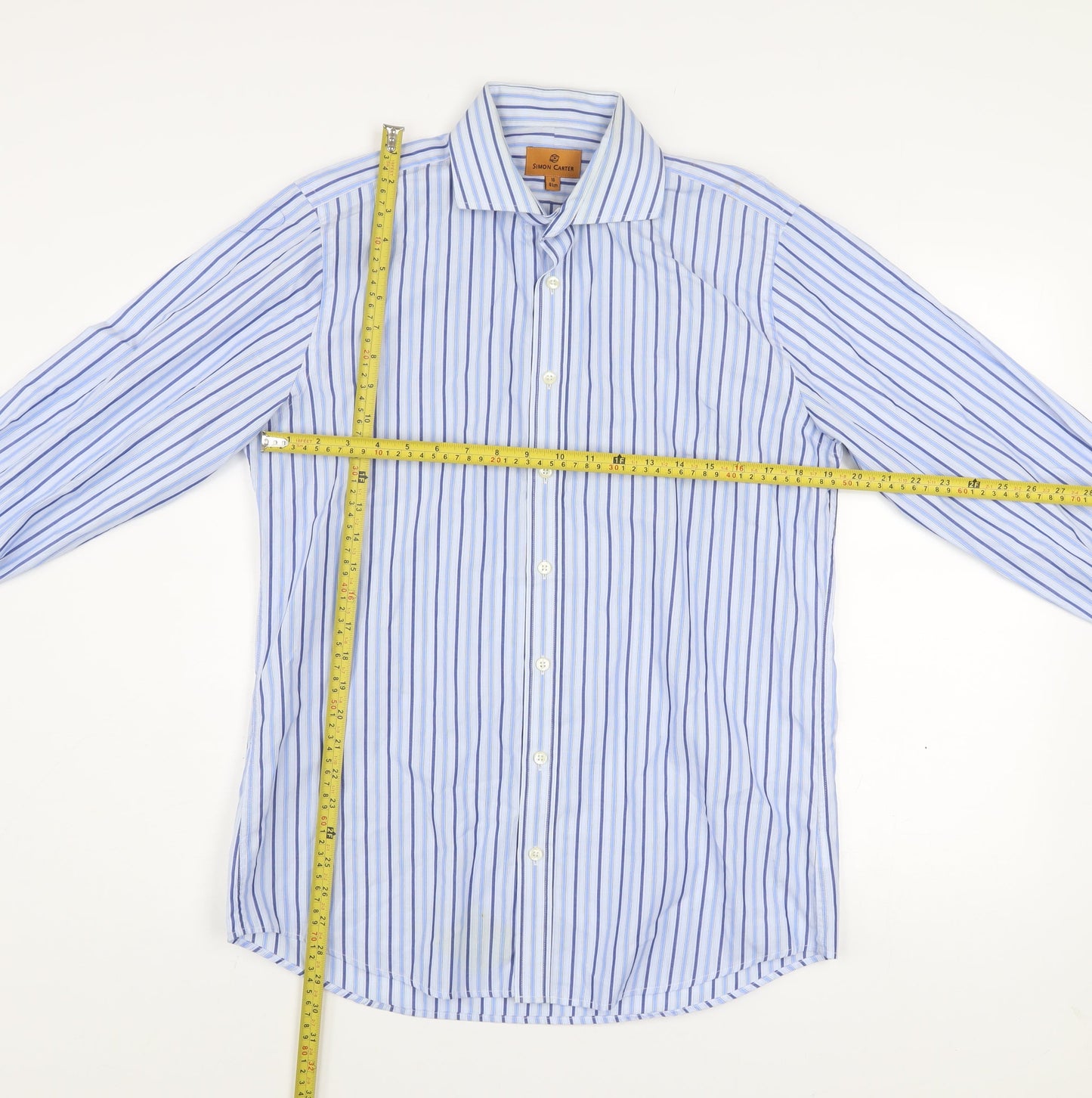 Simon Carter Men's Blue Striped Cotton Long Sleeve Dress Shirt 16 41cm