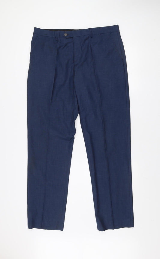 6th Sense Men’s Blue Formal Suit Trousers 36L Pleated Polyester Viscose