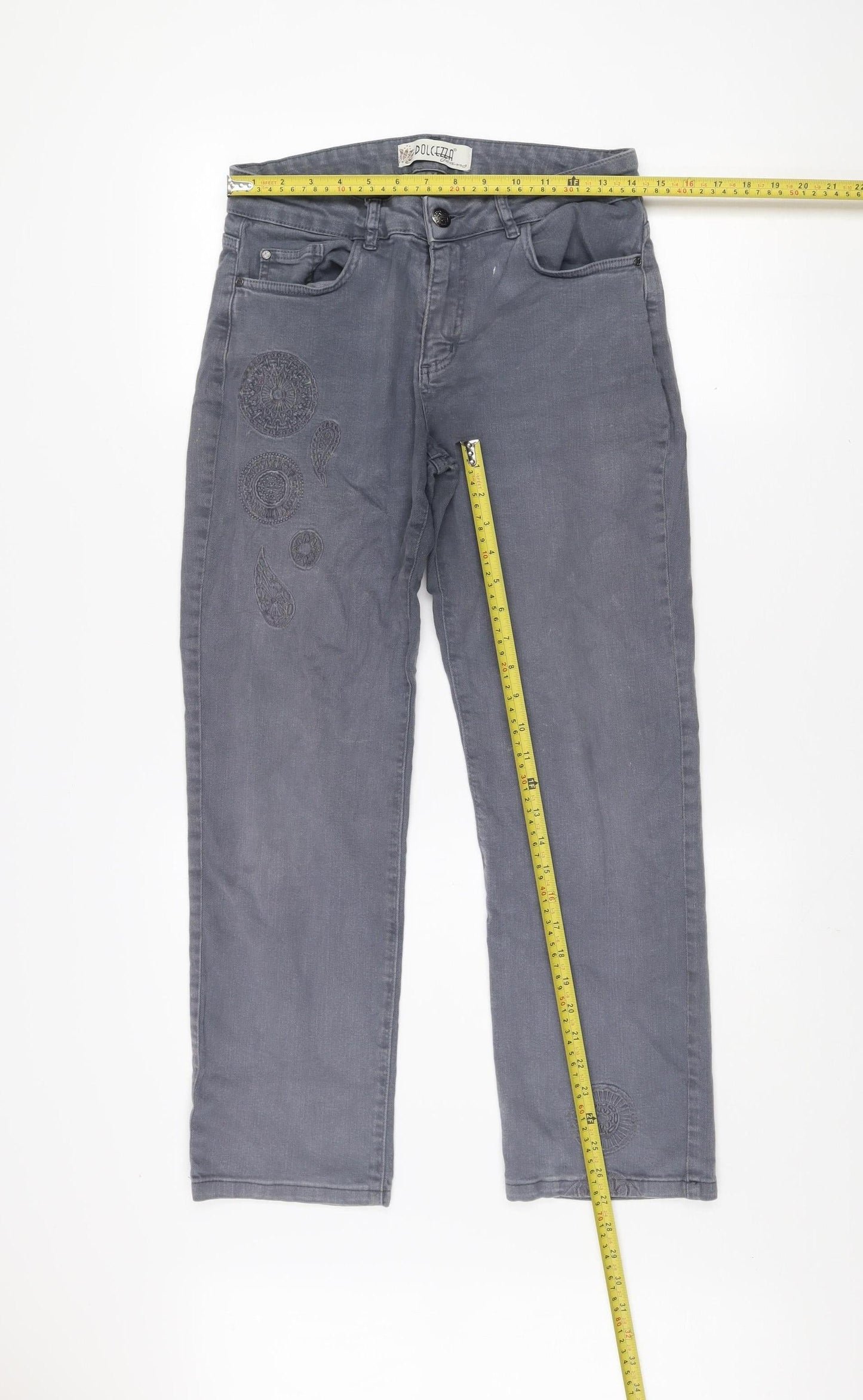 Dolcezza Womens Grey Straight Stretch Jeans Size 6 Embroidered Denim