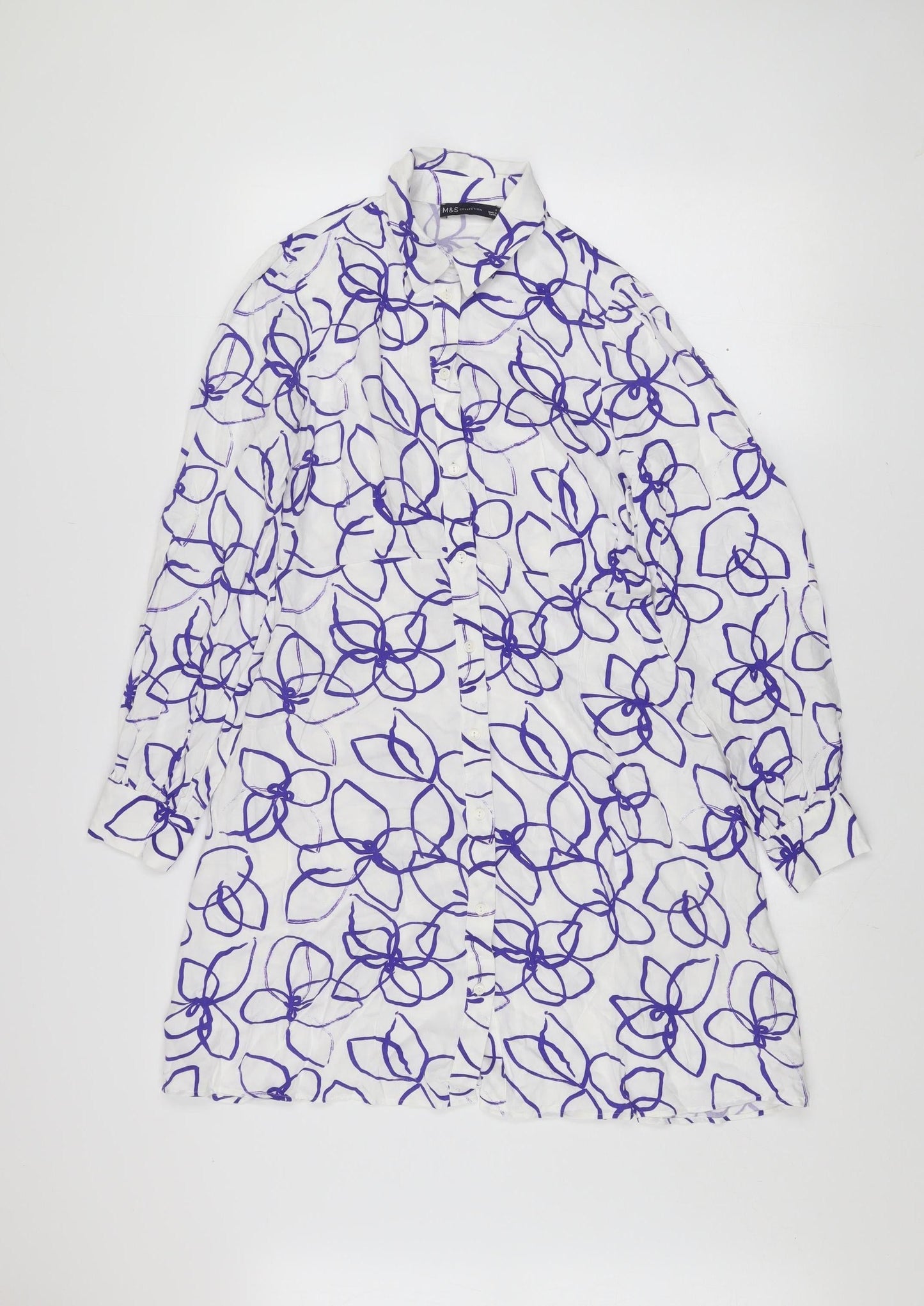 Marks and Spencer Women White Purple Floral Shirt Dress Size 8