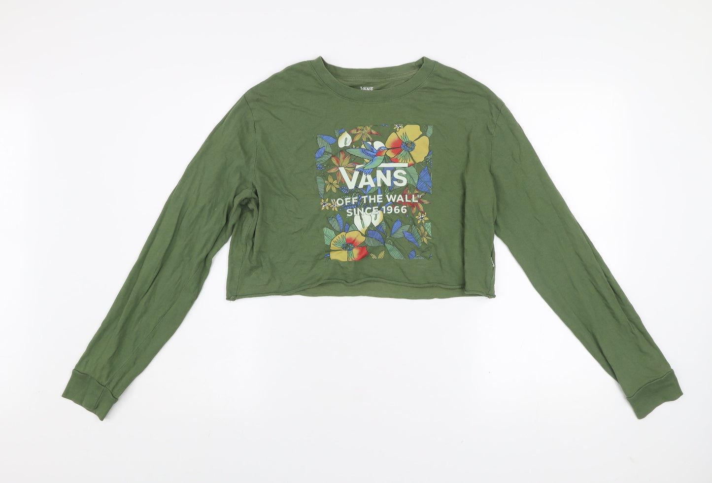 Vans Women Khaki Green Cropped Pullover Sweatshirt Medium Floral Print