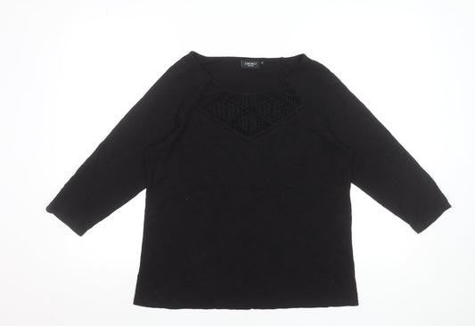 Jeanswest Women's Black Cotton Tunic Blouse Size M 3/4 Sleeve Crochet Detail