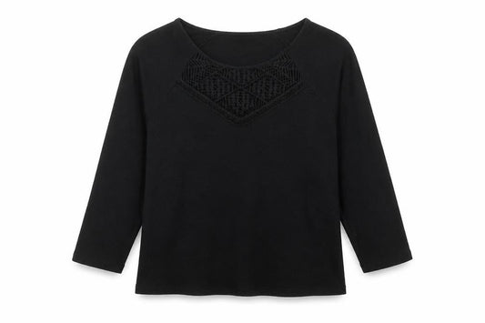 Jeanswest Women's Black Cotton Tunic Blouse Size M 3/4 Sleeve Crochet Detail