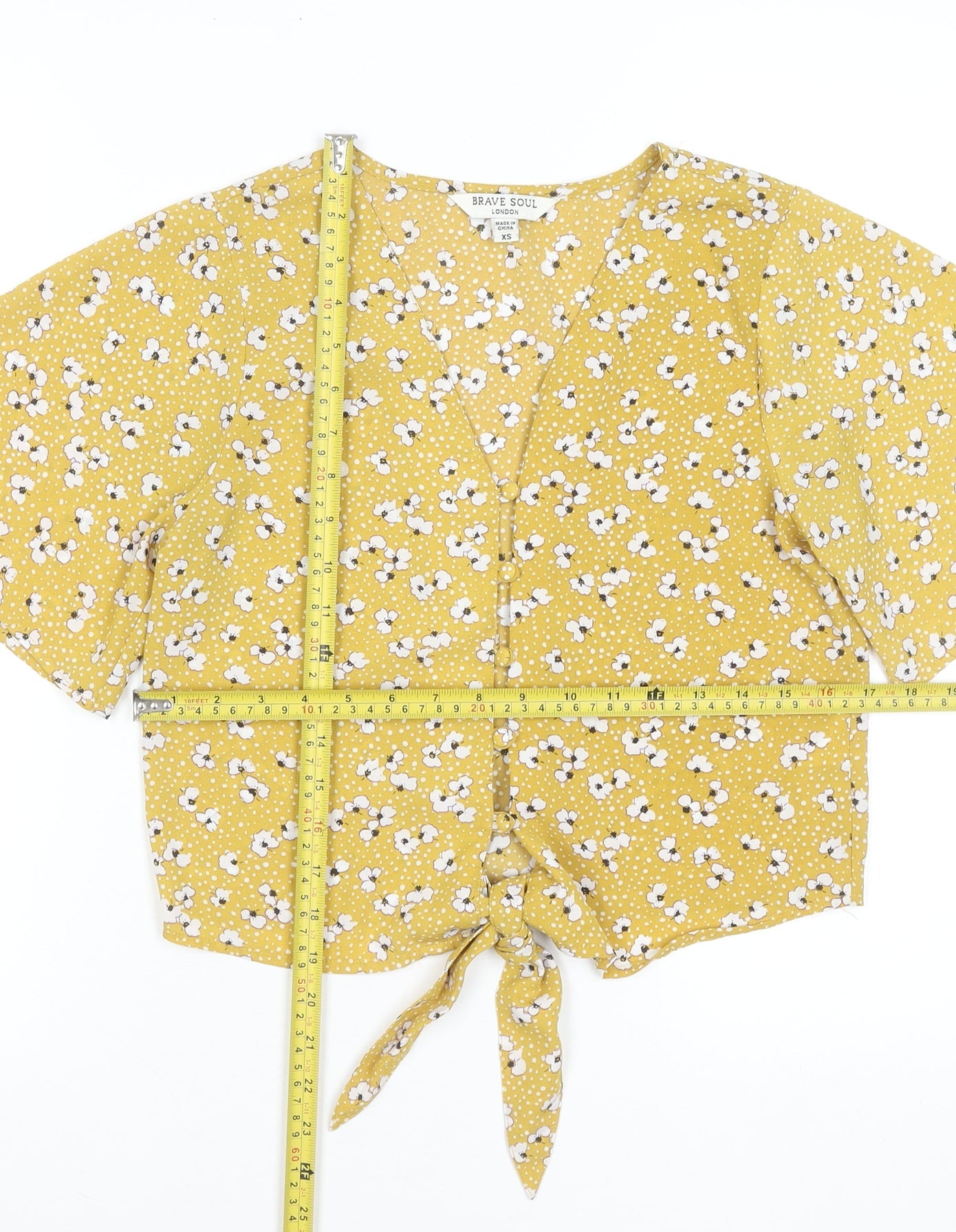 Brave Soul Womens Yellow Floral Cropped Tie Front Blouse XS