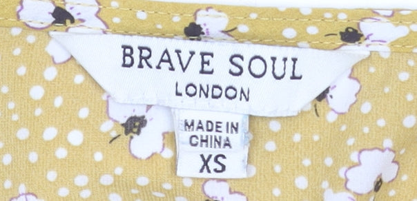 Brave Soul Womens Yellow Floral Cropped Tie Front Blouse XS