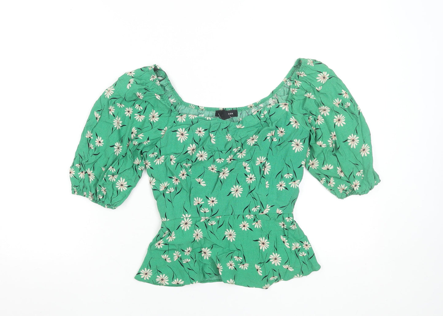 New Look Women Green Floral Peasant Blouse UK 10 Puff Sleeve Viscose Top