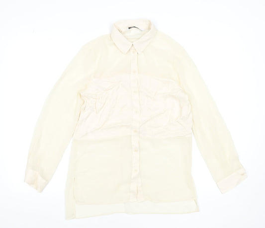 Zara Women Beige Sheer Chiffon Blouse XS Long Sleeve Collared Top