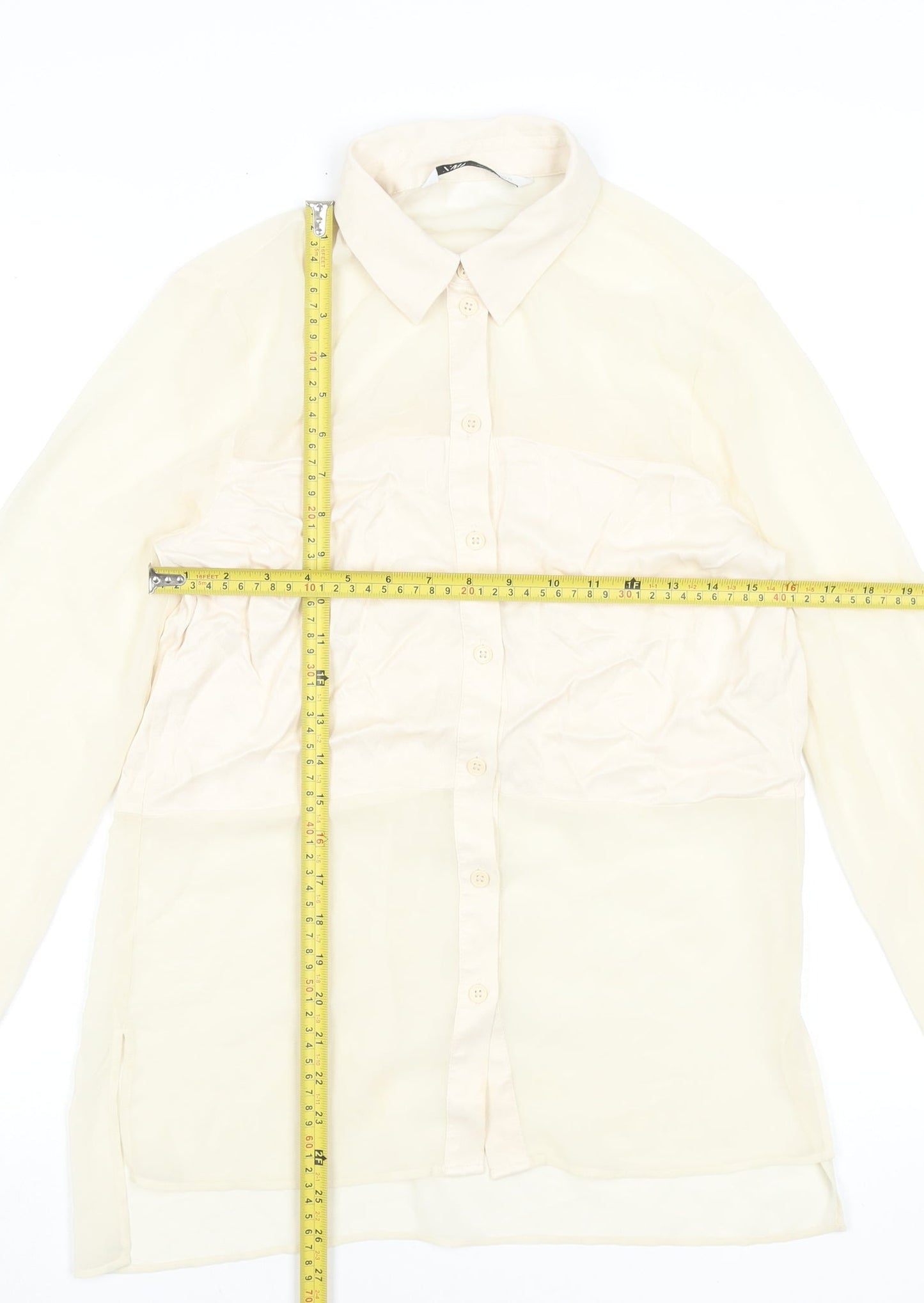 Zara Women Beige Sheer Chiffon Blouse XS Long Sleeve Collared Top